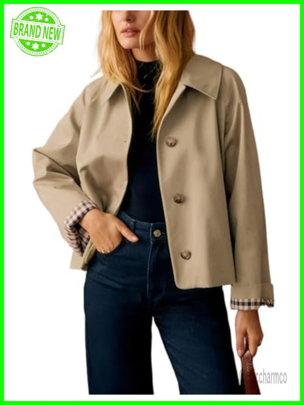Women's Trench Jacket Plaid Lining Button Front Lightweight Casual